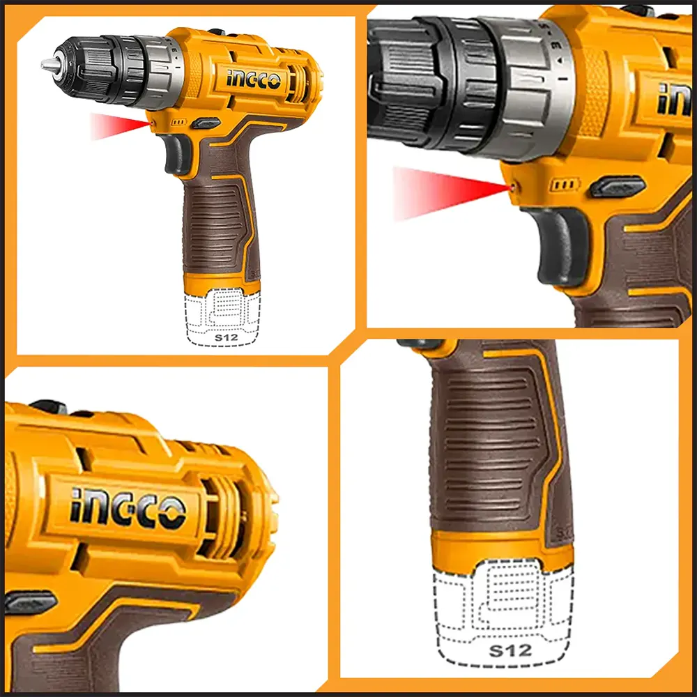 Ingco Rechargeable Drill, 12 Volt, 2 Battery 1.5 Ah , 20 Newton, 2 Speeds, Yellow, CDLI12202