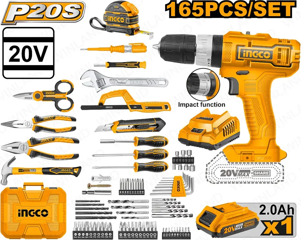 Ingco Rechargeable Drill Crushing and Drilling , 20 Volts, 1 2 Amp Battery, With 165-Piece Tool Bag, Yellow, HKTHP11651