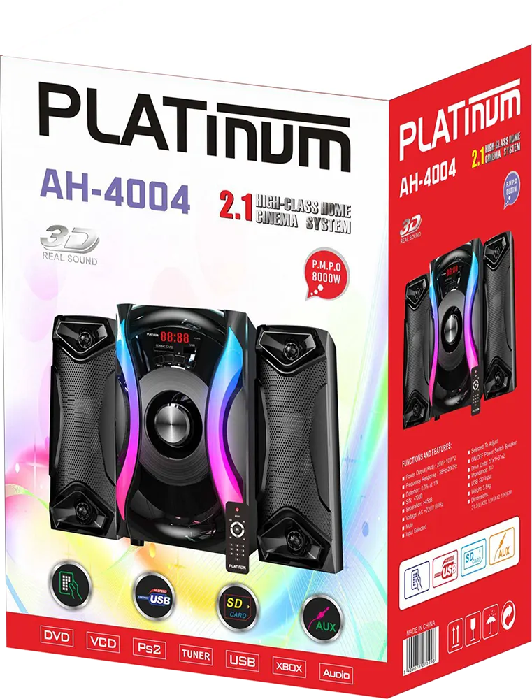 Platinum Subwoofer Speakers, Bluetooth, USB Port, Led Light, Black, AH-4004