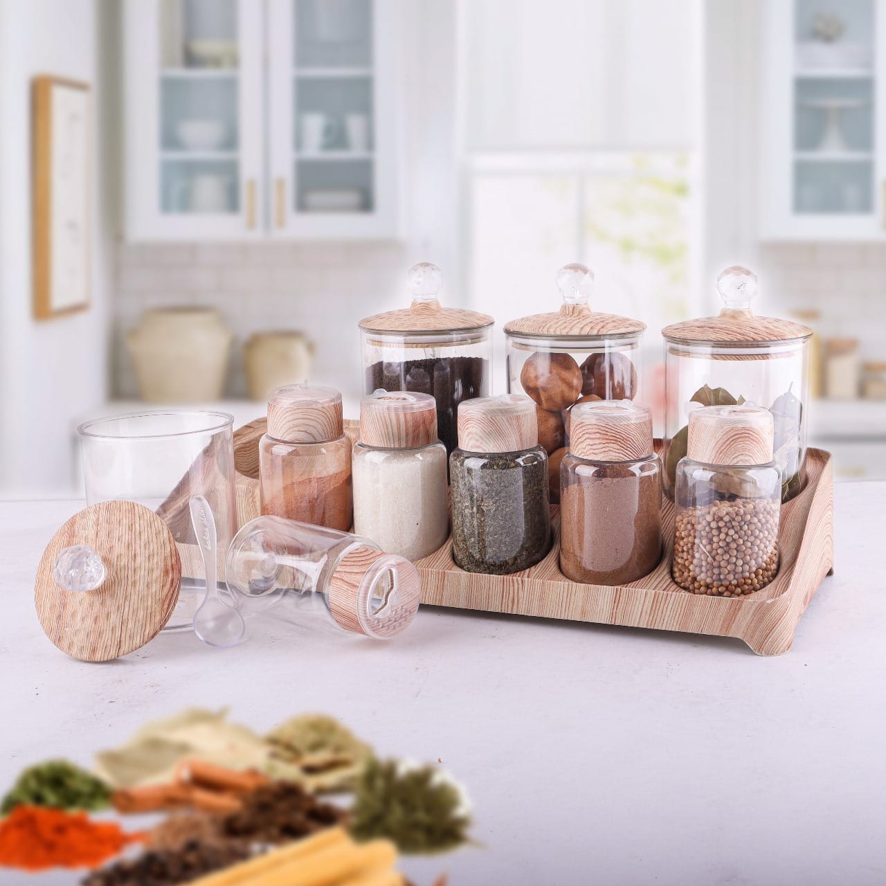 طقم توابل ميكس اكريليك بغطاء لف واستاند خشب، 10 قطع ،شفاف