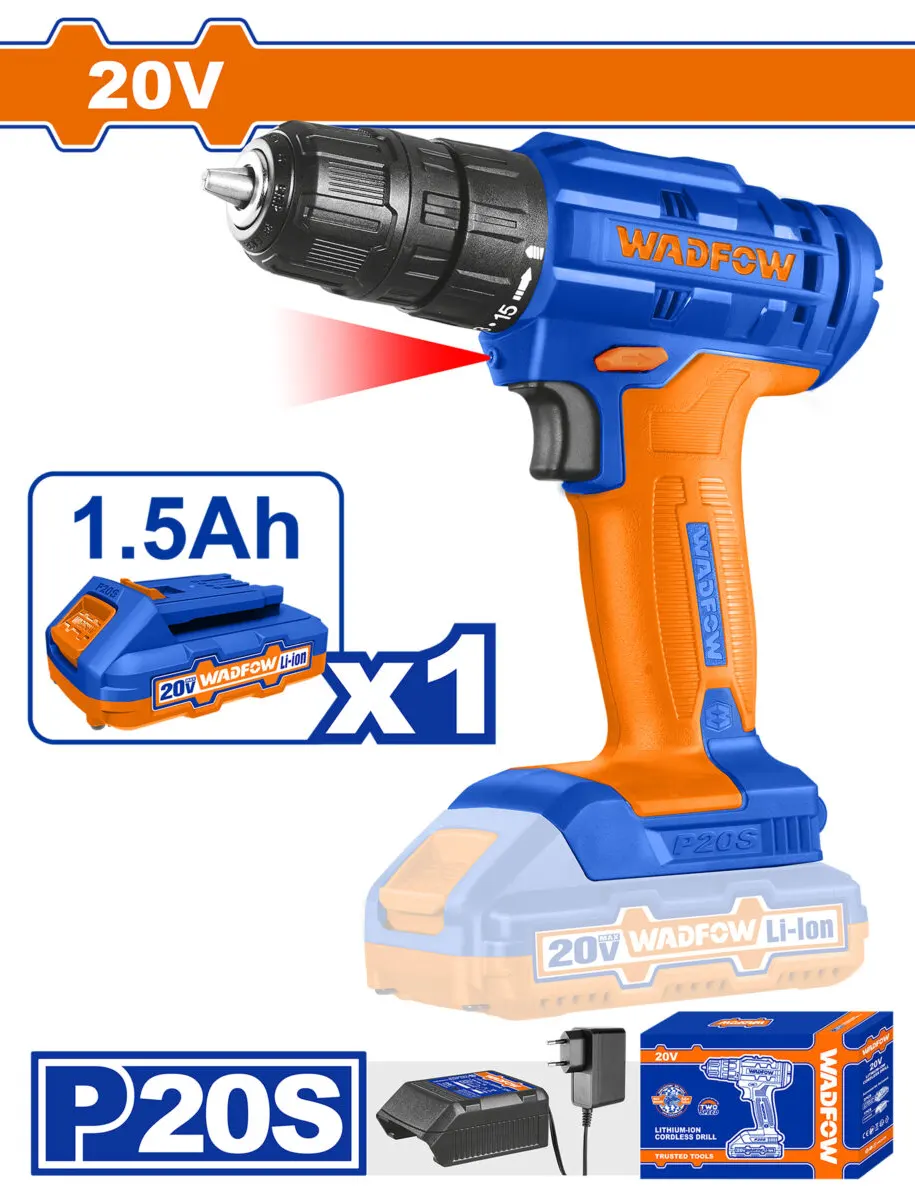 Wadfow Rechargeable Drill , 20 Volt, 1 Battery, Blue*Orange, WCDP511