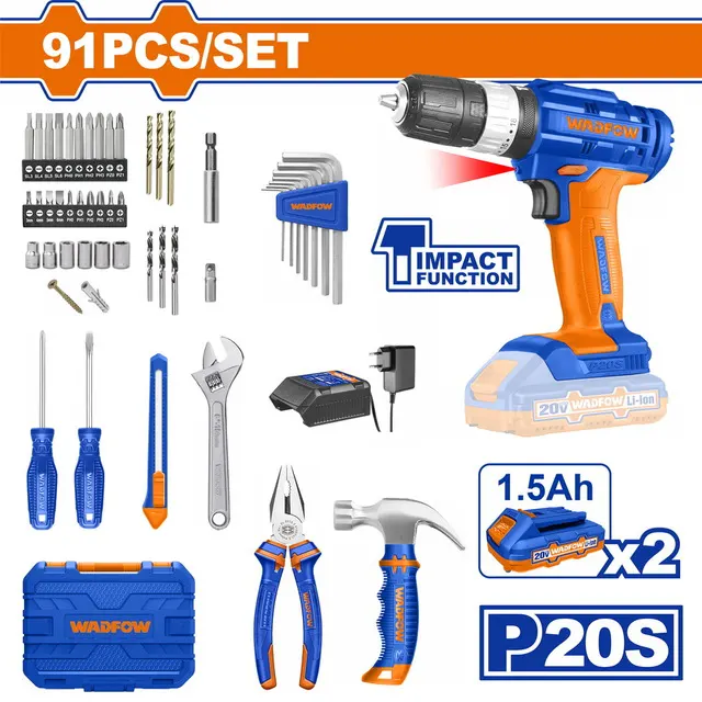 Wadfow Multi Drill Kit, 20 Volt, 91 Pieces, WDT1B90