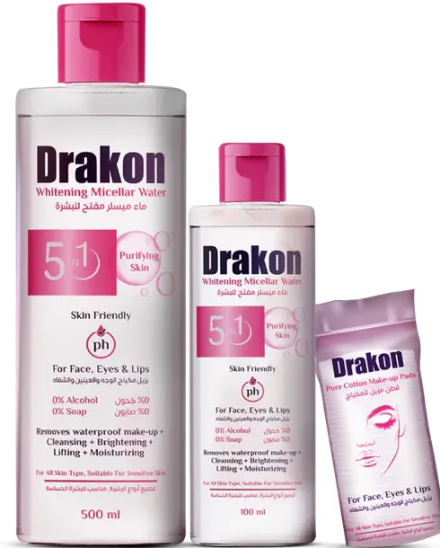 DRAKON WHITENING MICELLAR WATER 500ML+ MICELLAR WATER 100 ML + 20 COTTON PADS