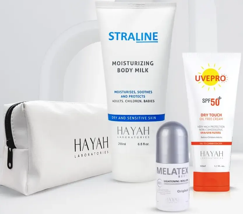 شنطة عرض من شركة حياة (بادي ميلك ستارلين للجسم 200 مل + يوفي برو صن بلوك 50 مل + ميلاتكس رول اون مزيل عرق 40 مل)