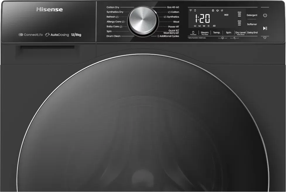 Hisense Full Automatic Washing Machine, Front Loading, 12 Kg, Dryer 8 Kg, Digital Display, Inverter, Black, WD5S1245BB