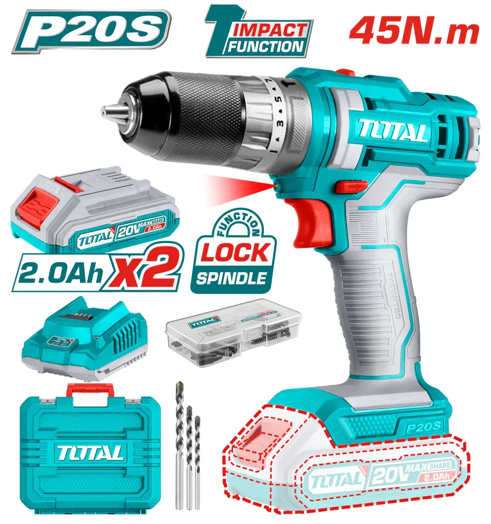 Drill Total Tools, 20V, 45Nm, 2 Battery, TIDLI-201452