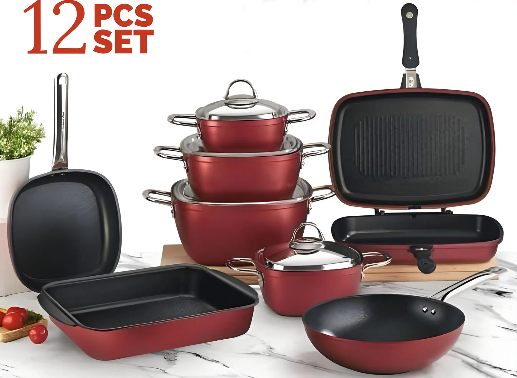 طقم حلل مربع تيتانيوم بيد أستانلس من سافلون،12 قطعة، نبيتى