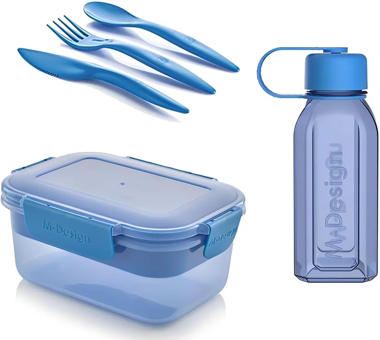 M-Design Plastic Lunch Box Set 1.1L + 500ml Bottle + Cutlery, Blue, 75088