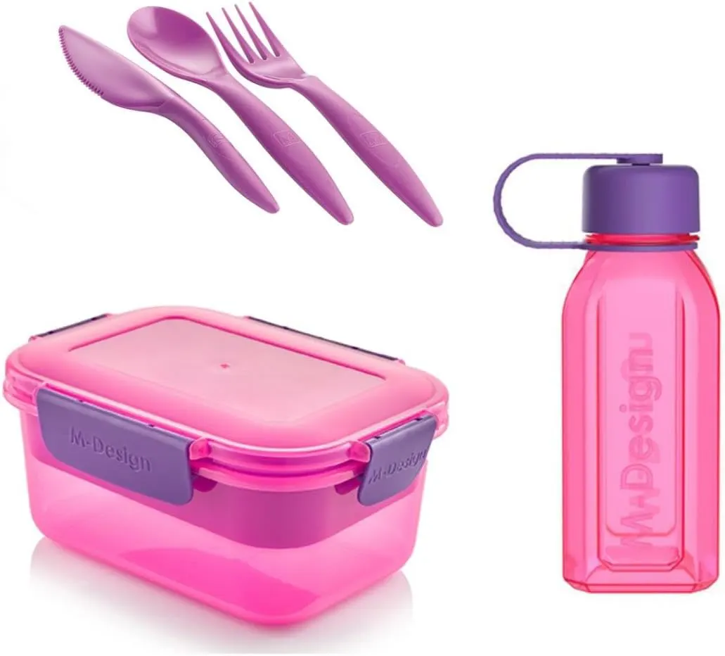 طقم لانش بوكس ام ديزاين بلاستيك 1.1 لتر + زجاجة 500 ملل + أدوات طعام، بينك، 75090