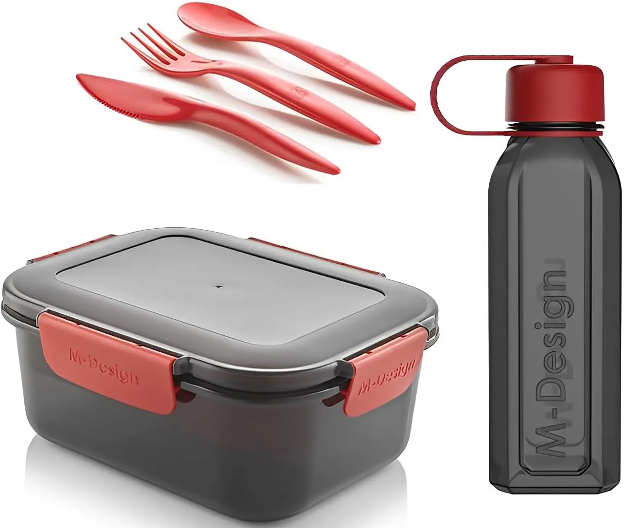 طقم لانش بوكس ام ديزاين بلاستيك 1.6 لتر + زجاجة 650 ملل + أدوات طعام، أسود، 75092
