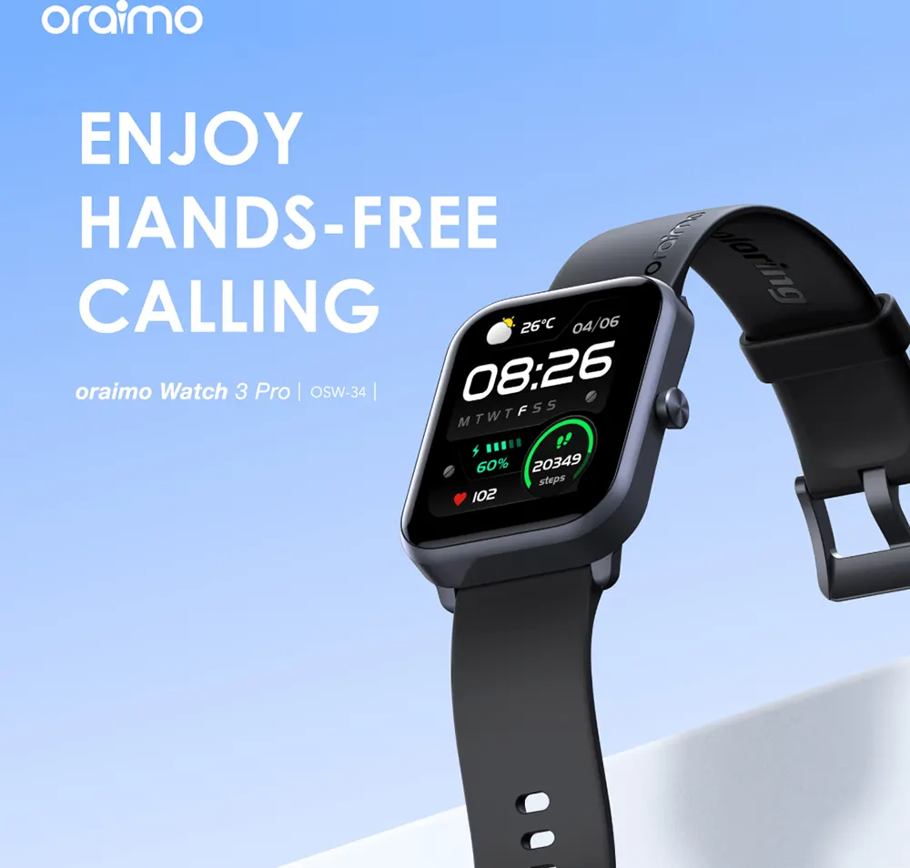 Oraimo Watch 3 Pro Smart Watch, 1.83 inch touch screen, water resistant, 250 mAh battery, Black, OSW-34