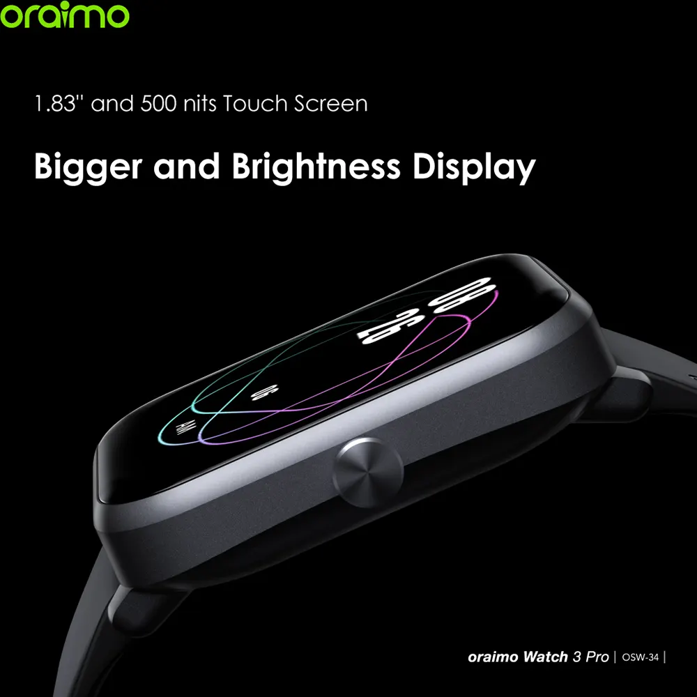 Oraimo Watch 3 Pro Smart Watch, 1.83 inch touch screen, water resistant, 250 mAh battery, Black, OSW-34