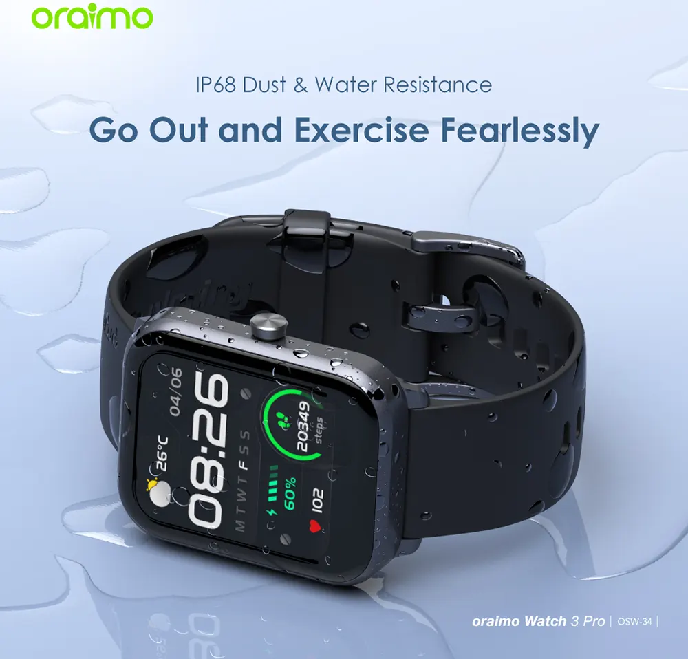 Oraimo Watch 3 Pro Smart Watch, 1.83 inch touch screen, water resistant, 250 mAh battery, Black, OSW-34