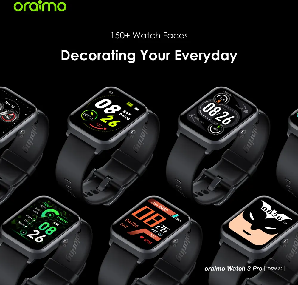 Oraimo Watch 3 Pro Smart Watch, 1.83 inch touch screen, water resistant, 250 mAh battery, Black, OSW-34