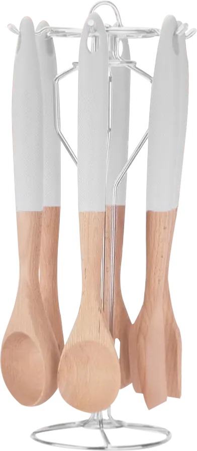 طقم توزيع بالحامل خشب بيد سيليكون من الأندلس، 6 قطع ، أبيض