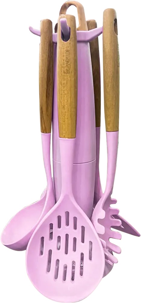 Silicone Holder Dispensing Set with Andalusian Wood Handle, 7 Pieces, Purple 1213