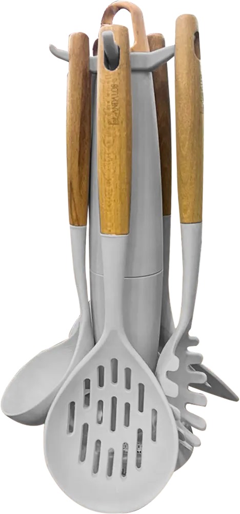 Silicone Holder Dispensing Set with Andalusian Wood Handle, 7 Pieces, Grey 1213
