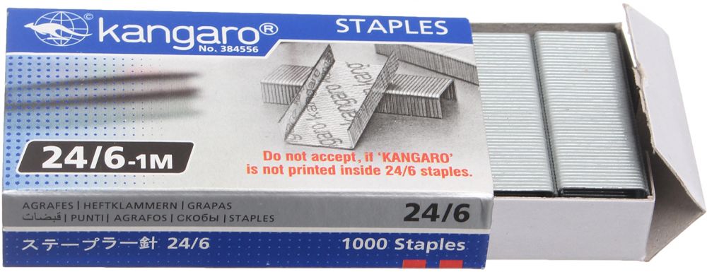 Kangaro office Staples Box for Stapler Size 24-6, 1000 Pieces, Printed Inside, Silver