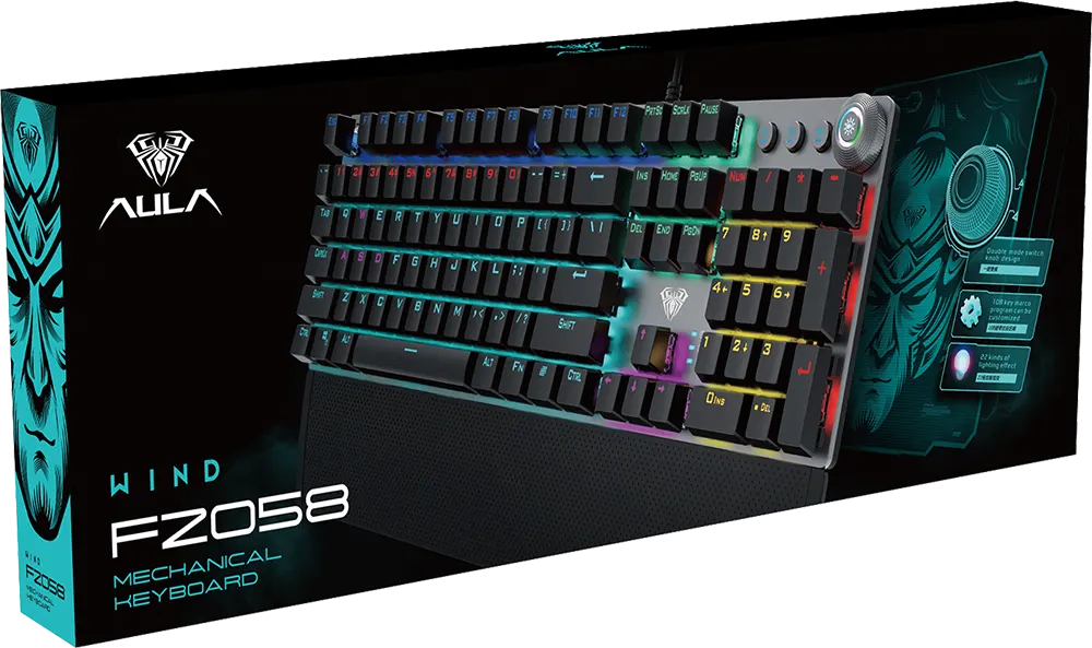 Aula Wired Gaming Keyboard, RGB Backlit, 108 Keys, USB, Black, F2058