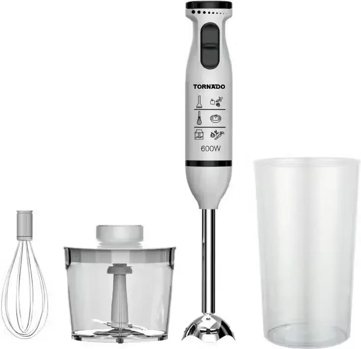 Tornado Hand Blender, 600 Watt, 0.7 Liter, with Egg Beater and Chopper, White, HB-600GWT