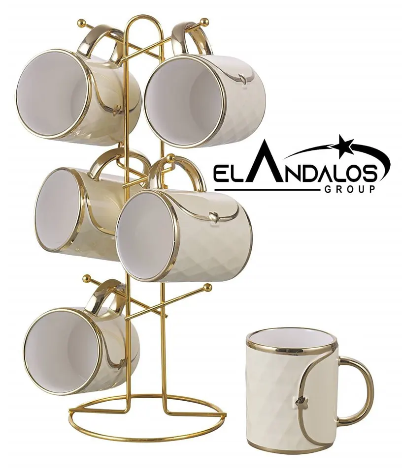 طقم مجات بحامل أستانلس دهبي من الاندلس،7 قطع،بيج