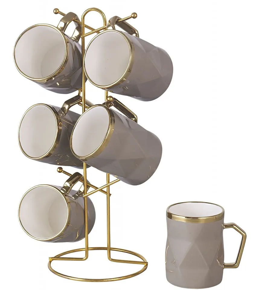 طقم مجات بحامل أستانلس دهبي من الاندلس،7 قطع،بني