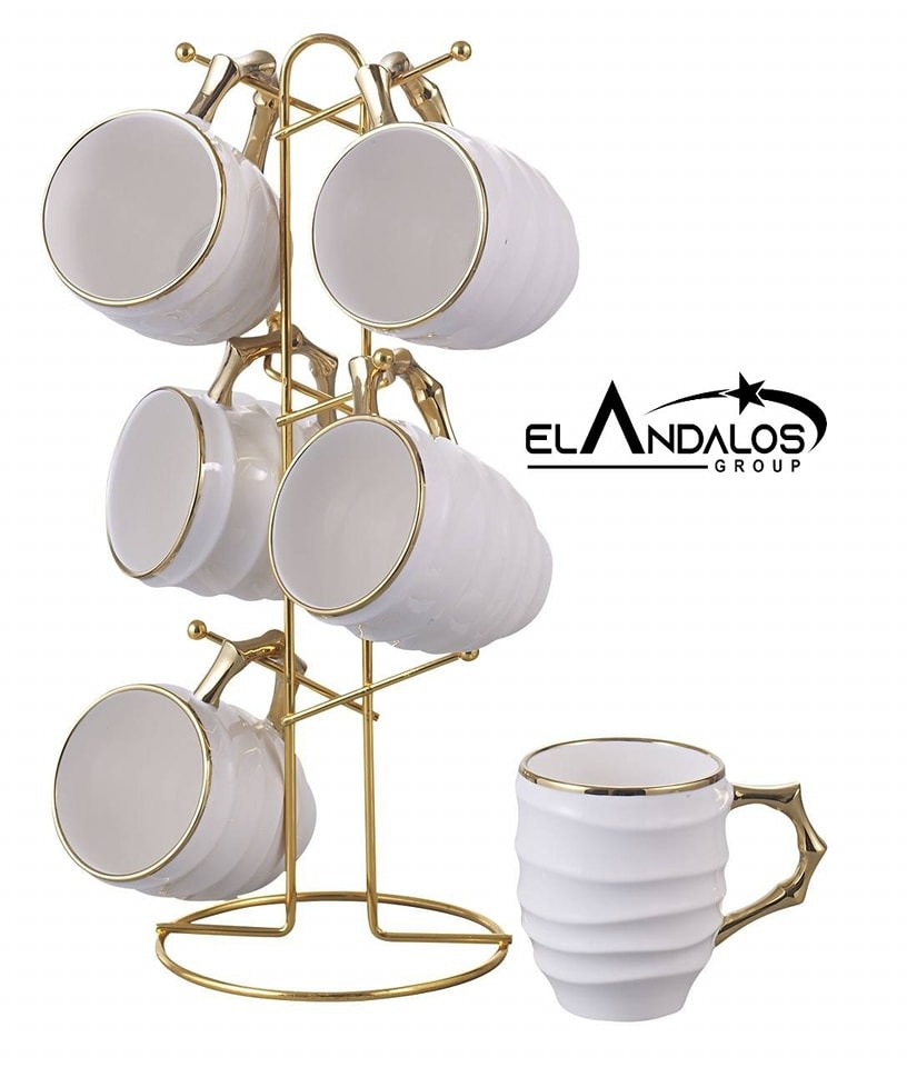 طقم مجات بحامل أستانلس دهبي من الاندلس،7 قطع،أبيض