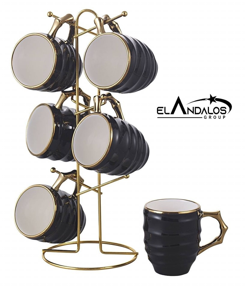 طقم مجات بحامل أستانلس دهبي من الاندلس،7 قطع،أسود