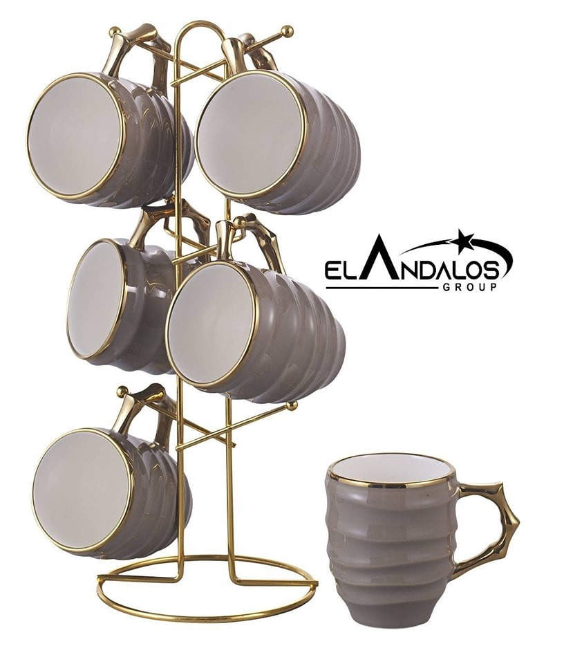 طقم مجات بحامل أستانلس دهبي من الاندلس،7 قطع،بني