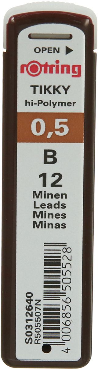 Rotring B Tikky Polymer Pencil Lead, 0.5 mm, 12 Lead, Gray