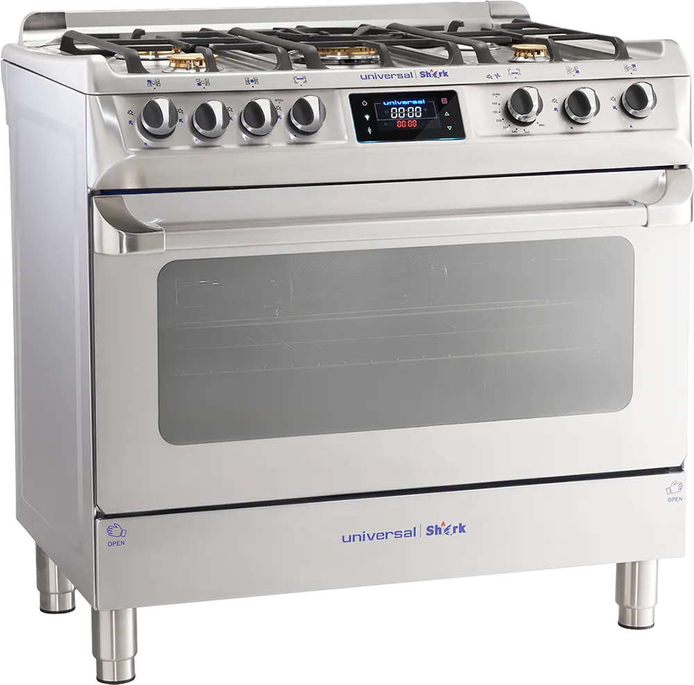 Universal Shark Pro Gas Cooker, 60*90 Cm, 5 Copper Burners, Full Safety, Digital Touch Display, Fan, Silver, 9605K