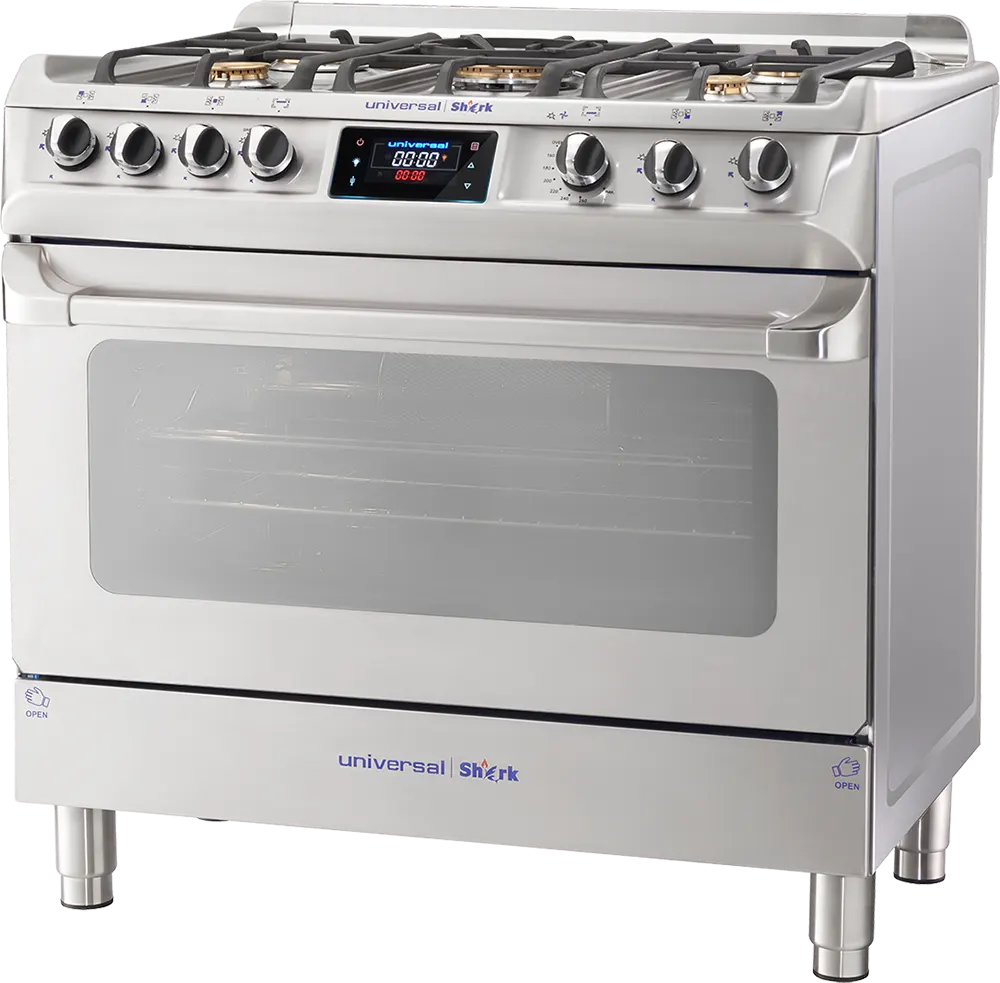 Universal Shark Pro Gas Cooker, 60*90 Cm, 5 Copper Burners, Full Safety, Digital Touch Display, Fan, Silver, 9605K