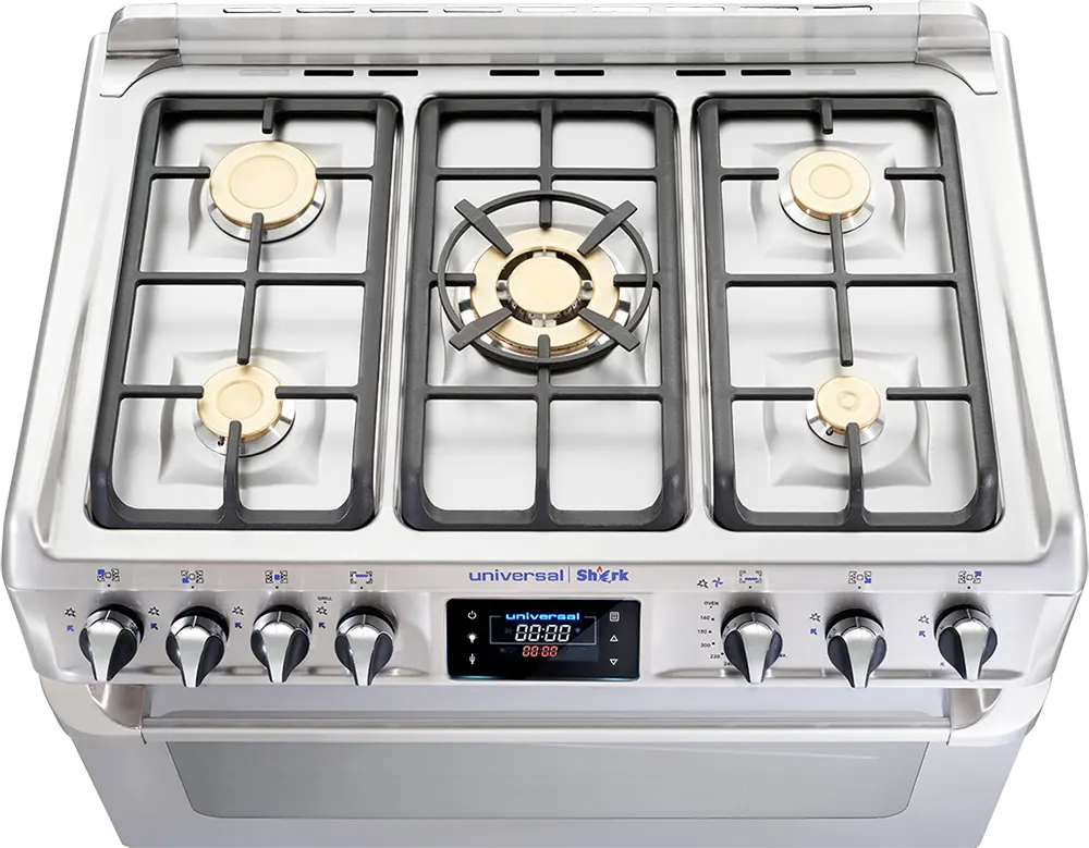 Universal Shark Pro Gas Cooker, 60*90 Cm, 5 Copper Burners, Full Safety, Digital Touch Display, Fan, Silver, 9605K