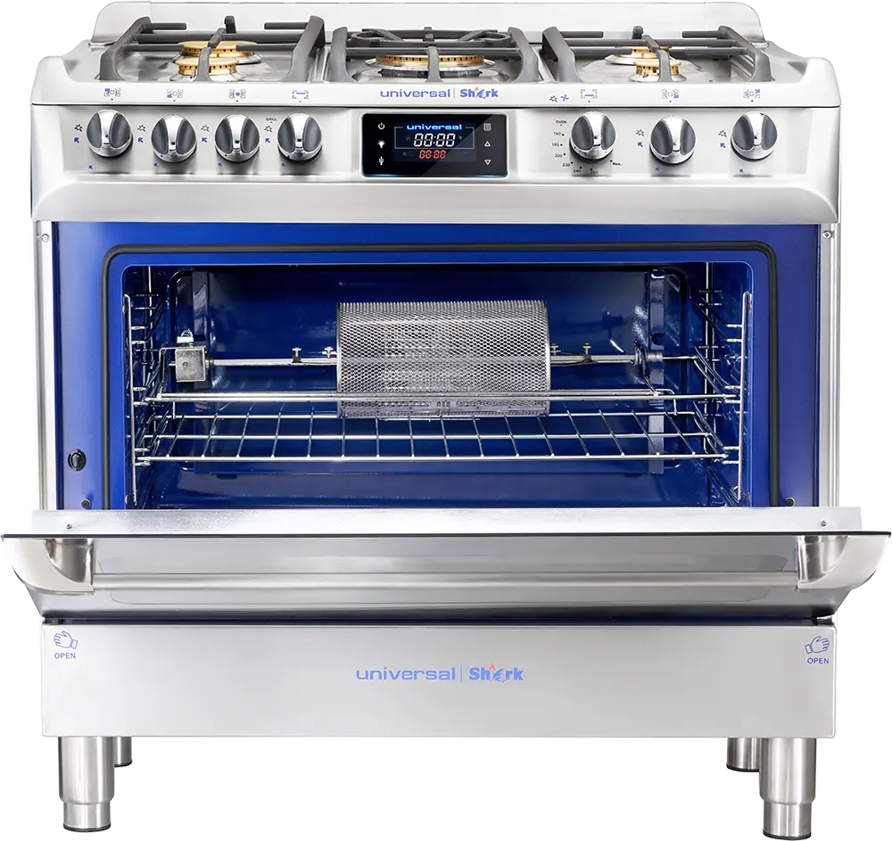 Universal Shark Pro Gas Cooker, 60*90 Cm, 5 Copper Burners, Full Safety, Digital Touch Display, Fan, Silver, 9605K