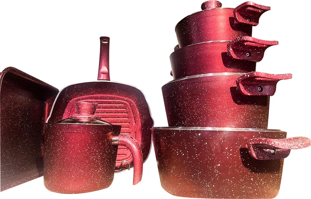 Glory Blue Granite Round Cookware Set, 12 Pieces, Red