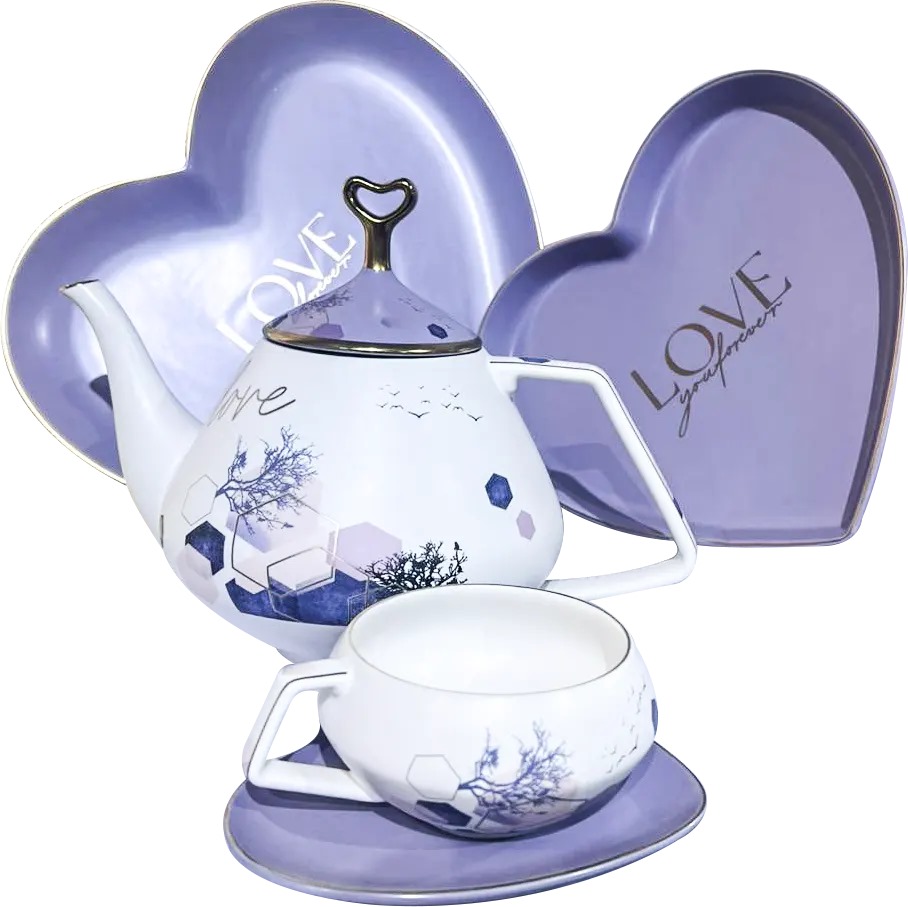 Porcelain Heart Shape Tea and Cake Set, 25 Pieces, White and Purple, 2405-4
