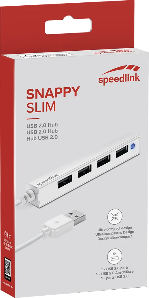 Speedlink Snappy Slim USB Hub, 4-Port, USB 2.0, White, SL-140000-WE