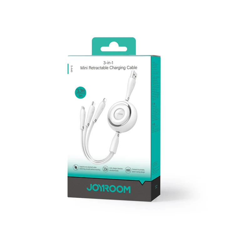 Joyroom 3-In-1 Mini Retractable Charging Cable , 1M , Multicolor , S-A40