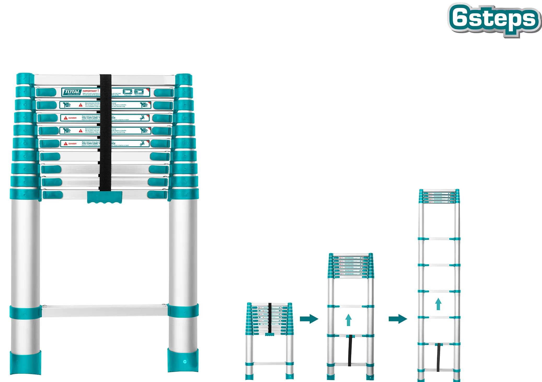 Total Tools Telescopic Ladder, 2m, 6 Steps, Blue, THLAD-08061