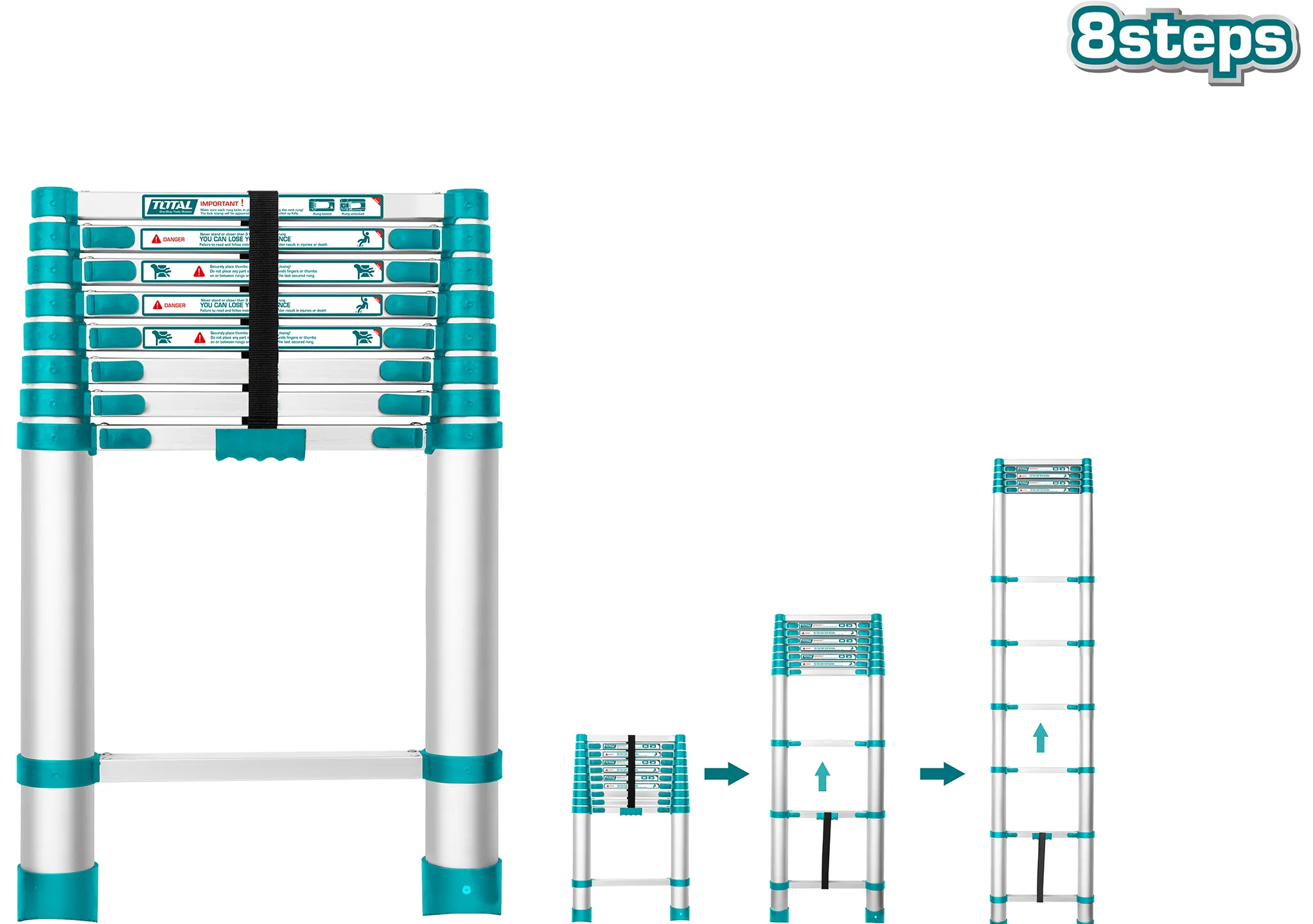 Total Tools Telescopic Ladder, 2.6m, 8 Steps, Blue, THLAD-08081