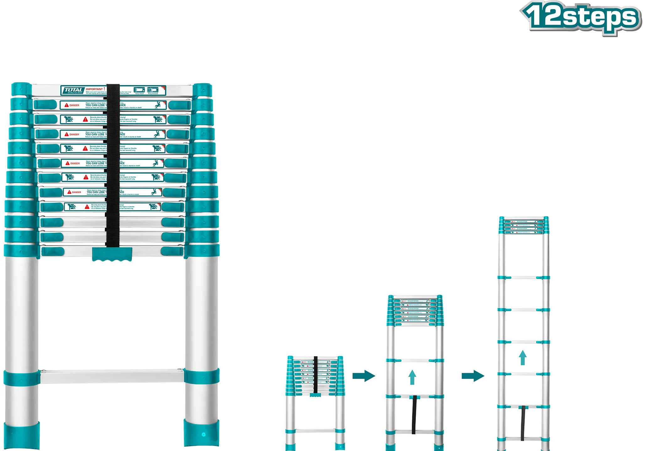 Total Tools Telescopic Ladder, 3.8m, 12 Steps, Blue, THLAD-08121