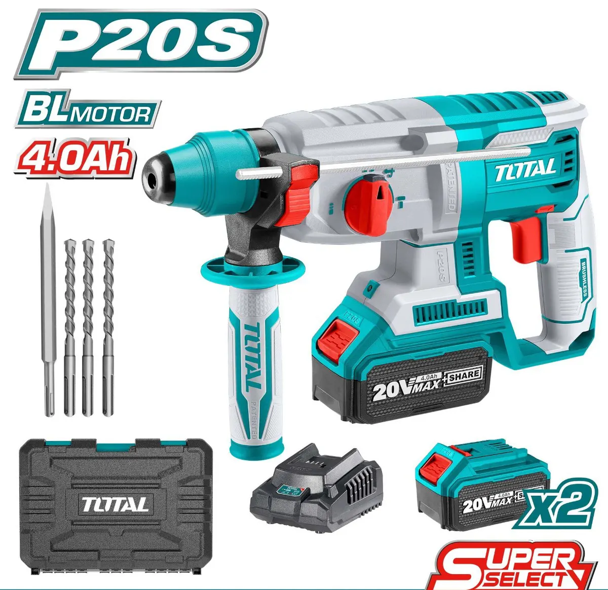 Total Tools Cordless Impact Driver, Rechargeable, 20V, 2 x 4Ah Batteries, 26mm, Blue, TRHLI202287