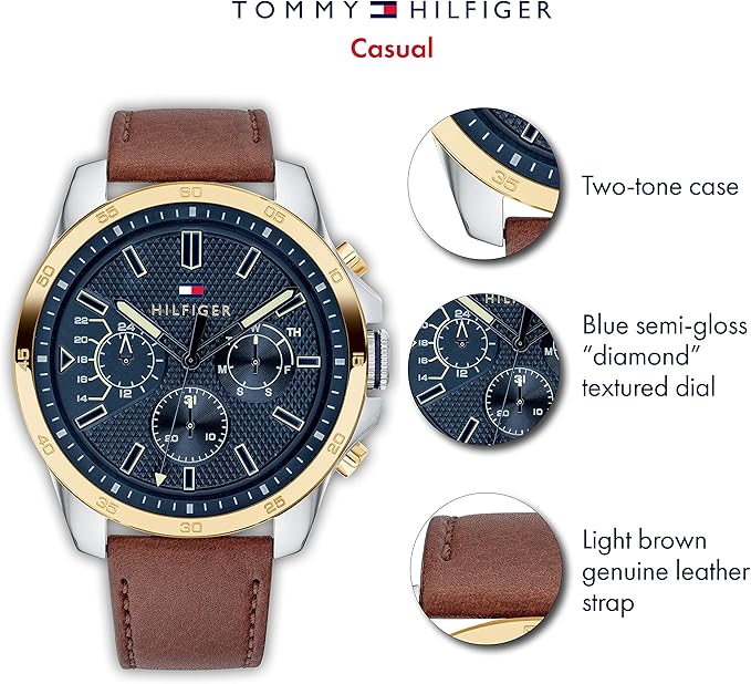 Tommy Hilfiger Men's , Quartz Watch with Brown Leather Strap , Multi Dial , 1791561