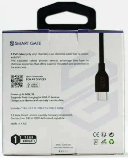 Smart Gate, Charging Cable, 1M, USB-C To USB,C 60W SGSA, Black, PCCF180B