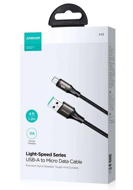 Joyroom Light-Speed Series ,Fast Charging Data Cable , USB-A To Micro, 1.2M , 3A , Black ,SA25