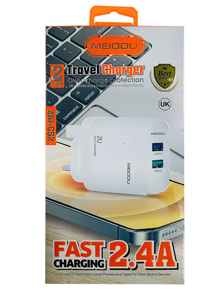 Meidou Fast Charger, Dual-Port USB ,Type-C Cable ,2.4 A ,White , MD-C52