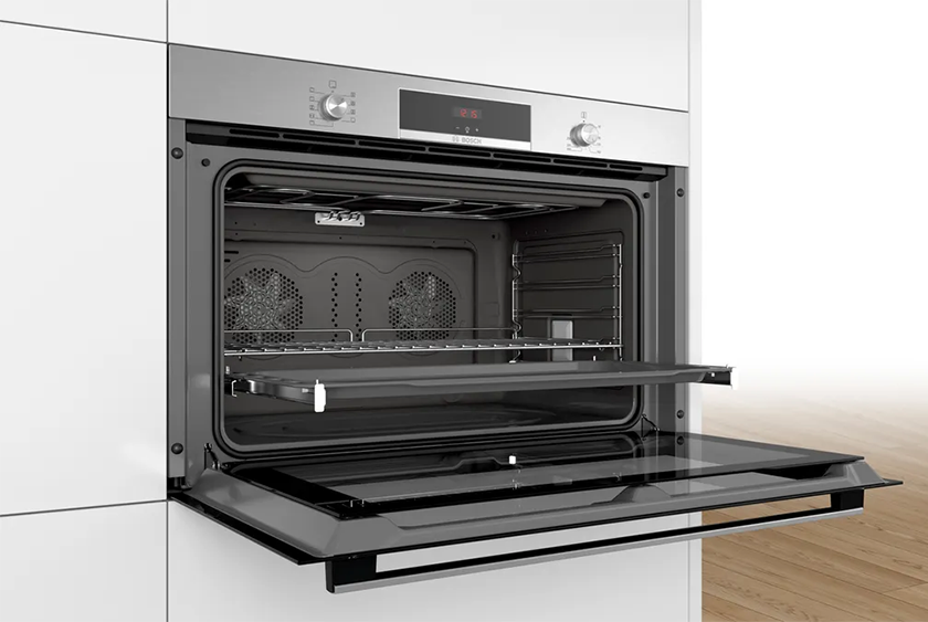 Bosch built-in oven, 90 cm, Electric, 112 Liters, Digital screen, Fan, Stainless Steel, Silver-Black, VBD554FS0