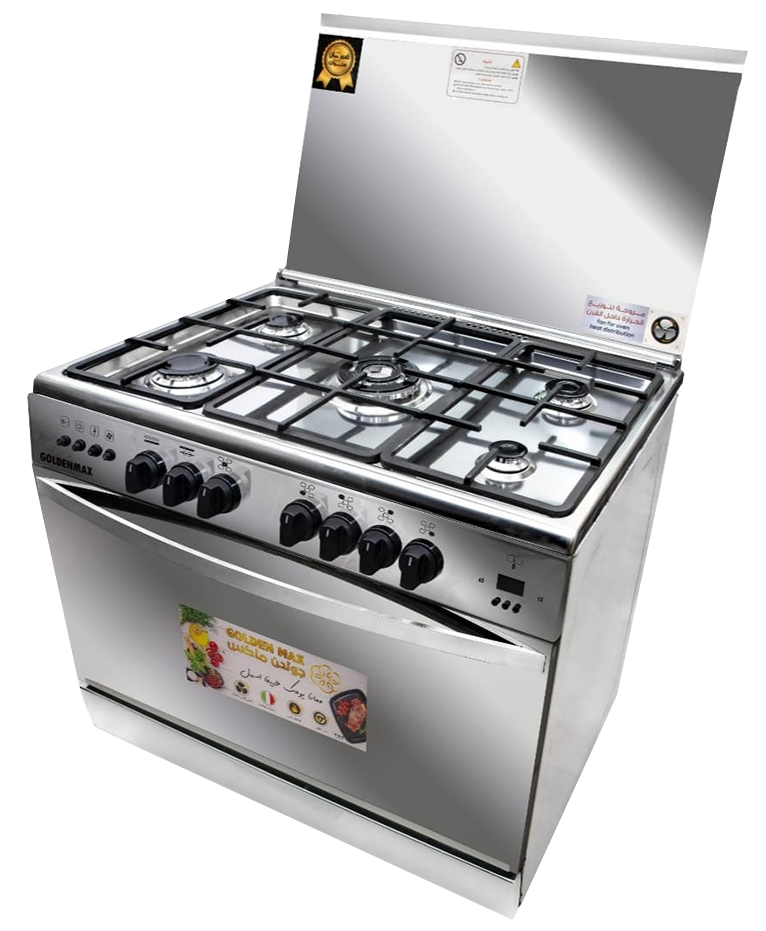 بوتاجاز جولدن ماكس ، 90*60 سم ، 5 شعلة ، اوركا استيل كاست ، شاشة ديجيتال ، مروحة ، سيلفر