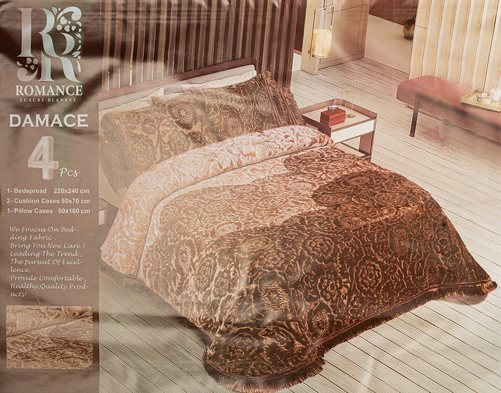 Romance Velvet Bedspread Set, Large, 220*240 cm, 4 Pieces, Multiple Colors