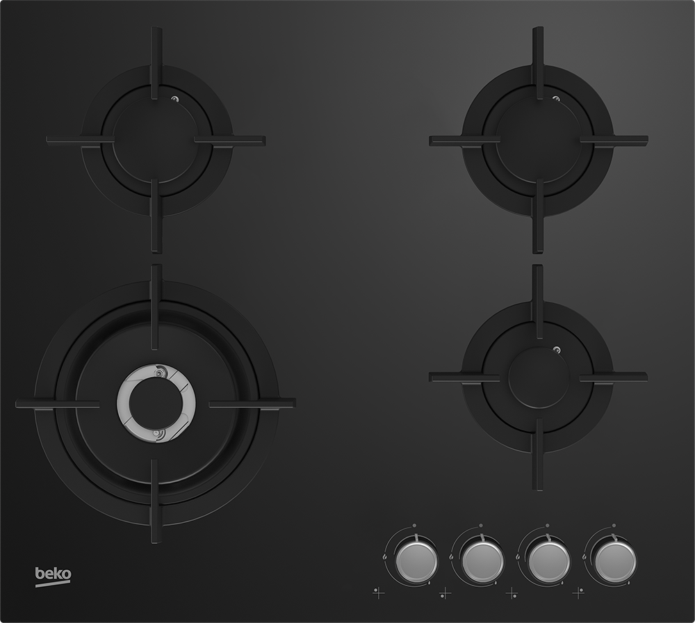 Beko Built-in Hob, 60 cm, 4 Burners, Gas, Cast Iron Holders, Self Ignition, Black Glass, HILW 64222 SE